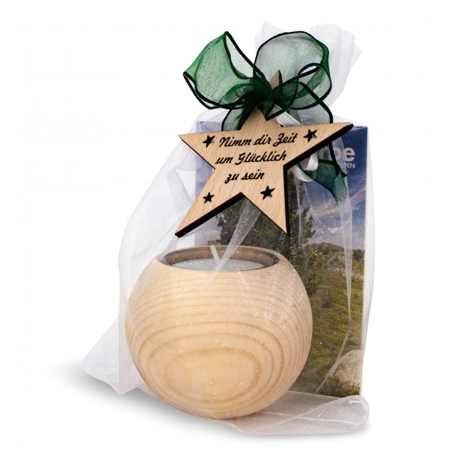 Teelichthalter aus Zirbenholz rund Nimm dir Zeit Geschenkideen Holzdeko - Lasergravur - Holzgravur - Geschenk