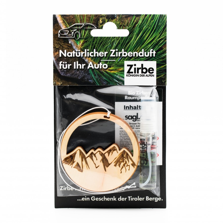 Natürlicher Autoduft aus Zirbe Berglandschaft Zirbendüfte Holzdeko - Lasergravur - Holzgravur - Geschenk