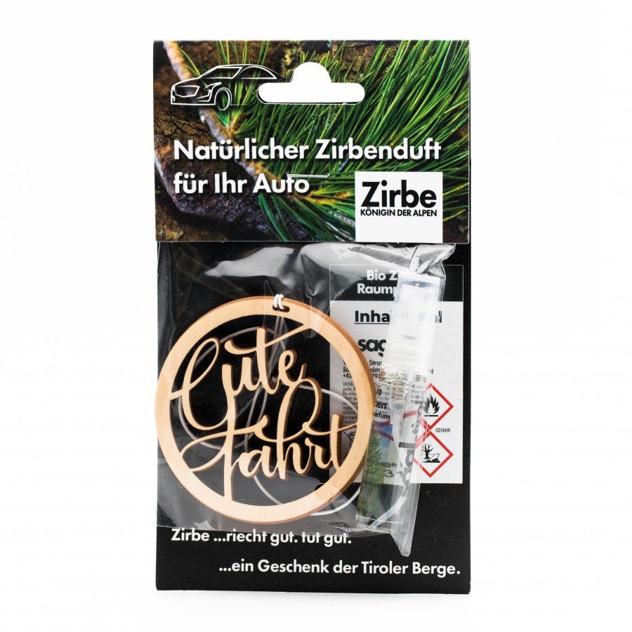 Natürlicher Autoduft aus Zirbe Gute Fahrt Schrift Zirbendüfte Holzdeko - Lasergravur - Holzgravur - Geschenk