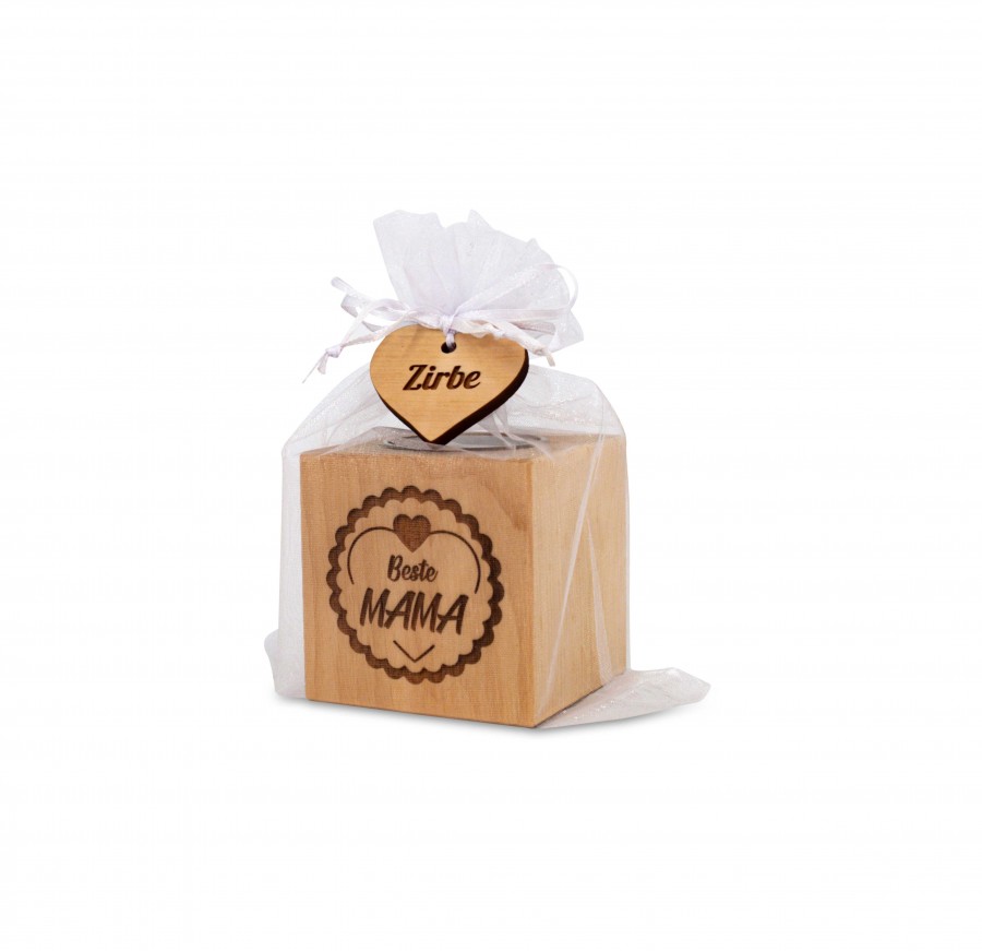 Teelichthalter aus Zirbenholz 7x7cm Mama Zirbendeko Holzdeko - Lasergravur - Holzgravur - Geschenk