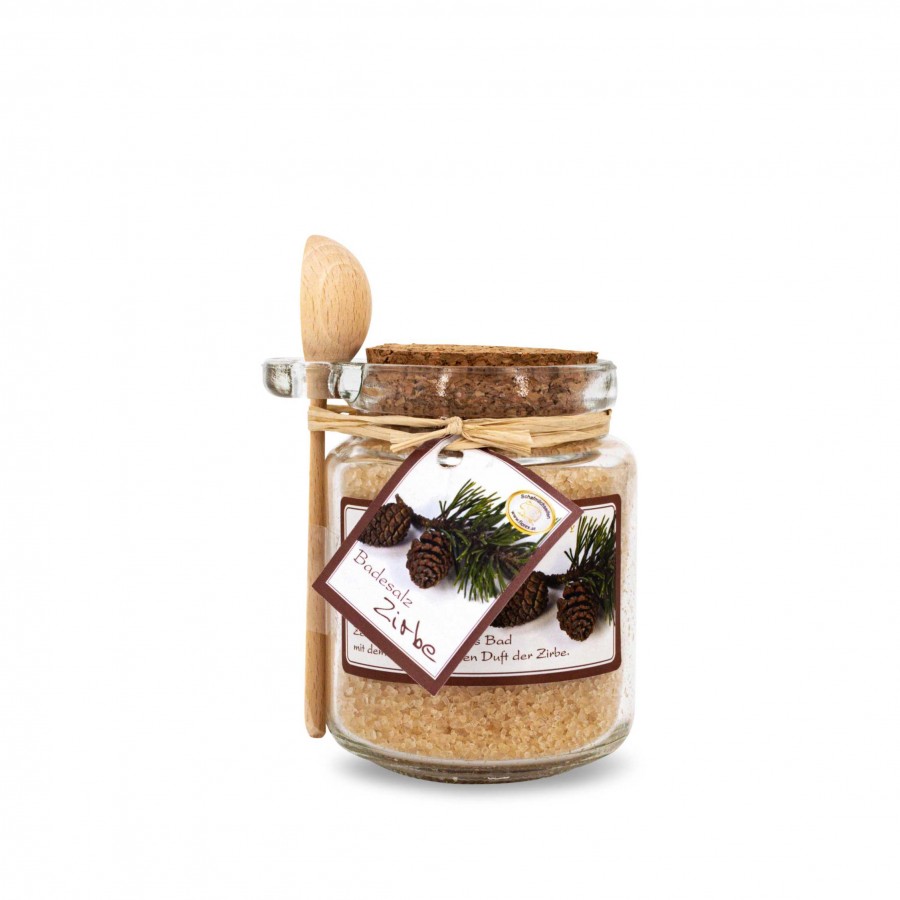 Badesalz Zirbe 300g im Glas mit Holzlöffel Zirbendüfte Holzdeko - Lasergravur - Holzgravur - Geschenk