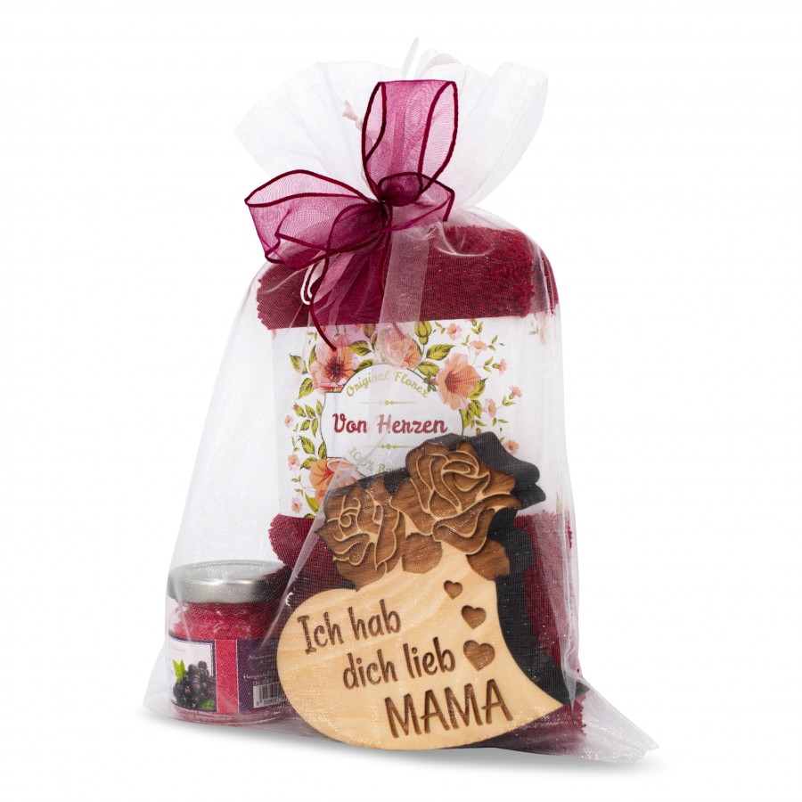 Geschenkset Mama Herz mit Handtuch Fuchsia Geschenkideen Holzdeko - Lasergravur - Holzgravur - Geschenk