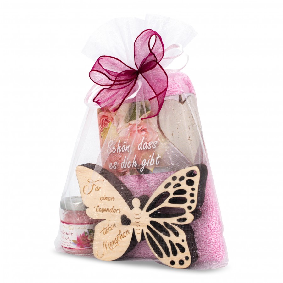 Geschenkset Schmetterling Lieber Mensch Fuchsia Zirbendeko Holzdeko - Lasergravur - Holzgravur - Geschenk