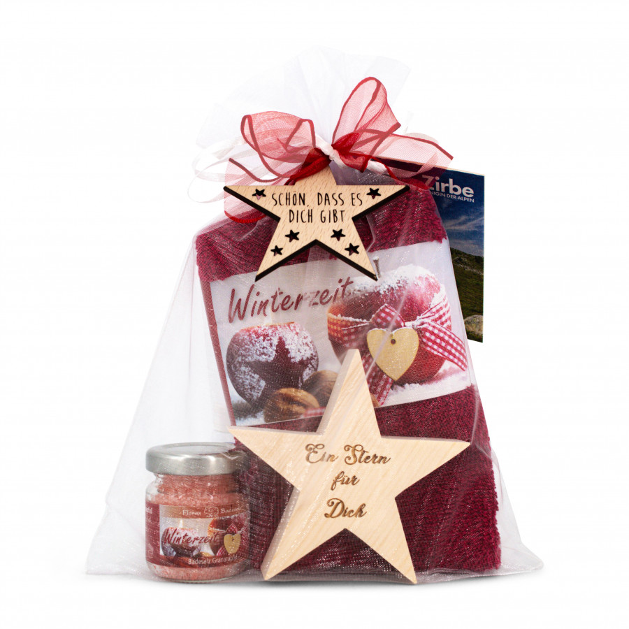 Geschenkset Winterzeit rot mit Zirbenstern Geschenkideen Holzdeko - Lasergravur - Holzgravur - Geschenk