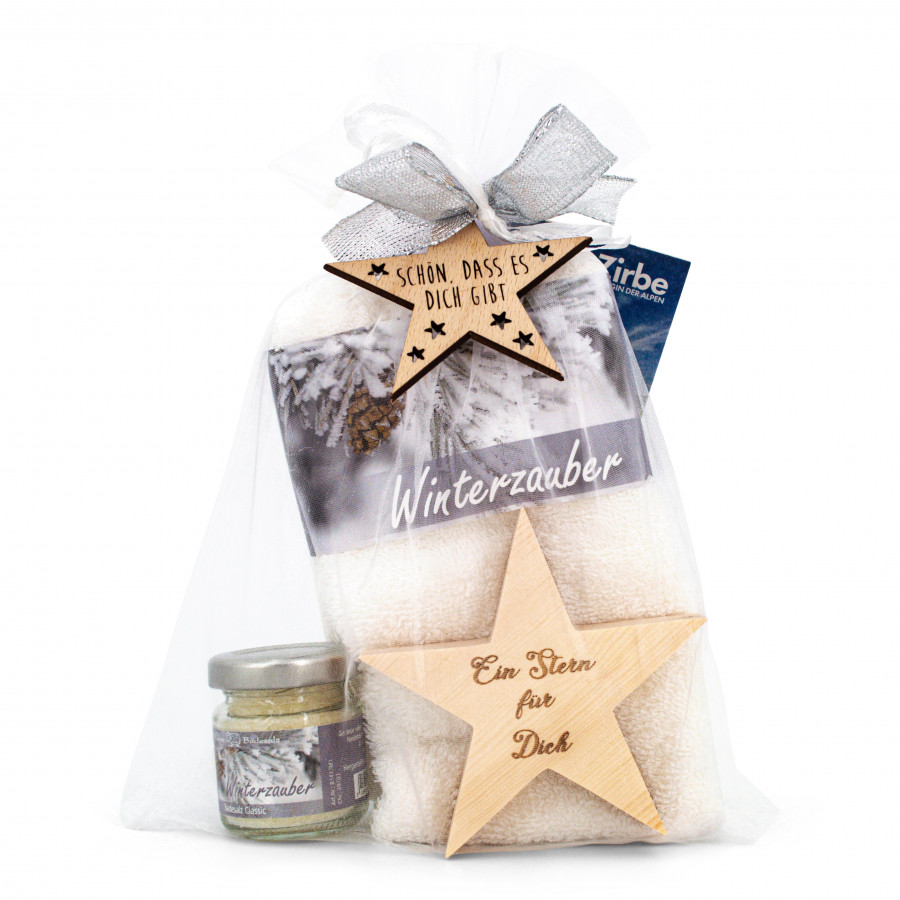 Geschenkset Winterzauber silber mit Zirbenstern Geschenkideen Holzdeko - Lasergravur - Holzgravur - Geschenk