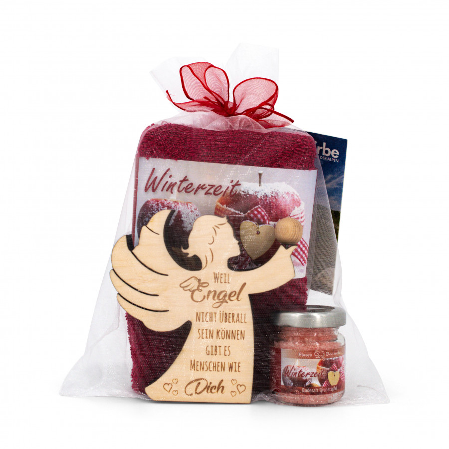 Geschenkset Winterzeit rot mit Zirbenengel Geschenkideen Holzdeko - Lasergravur - Holzgravur - Geschenk