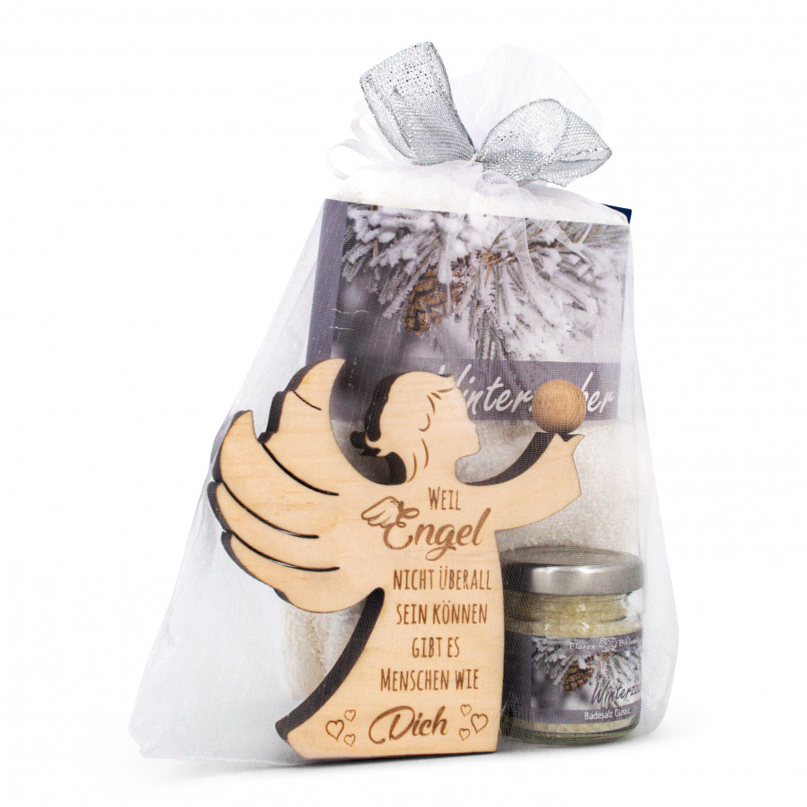 Geschenkset Winterzauber silber mit Zirbenengel Geschenkideen Holzdeko - Lasergravur - Holzgravur - Geschenk