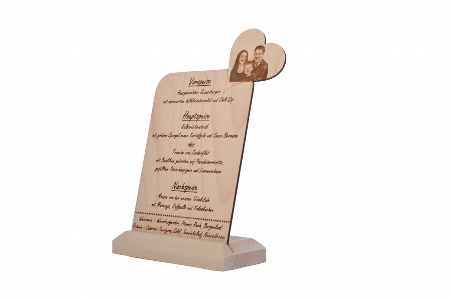 Menükarte mit Foto Buche Hochzeit planen Holzdeko - Lasergravur - Holzgravur - Geschenk