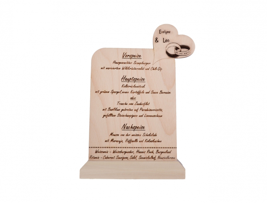 Menükarte mit Ringe Buche Hochzeit planen Holzdeko - Lasergravur - Holzgravur - Geschenk