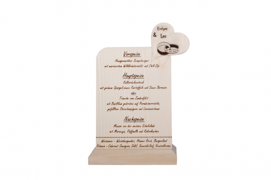 Menükarte mit Ringe Ahorn Hochzeit planen Holzdeko - Lasergravur - Holzgravur - Geschenk