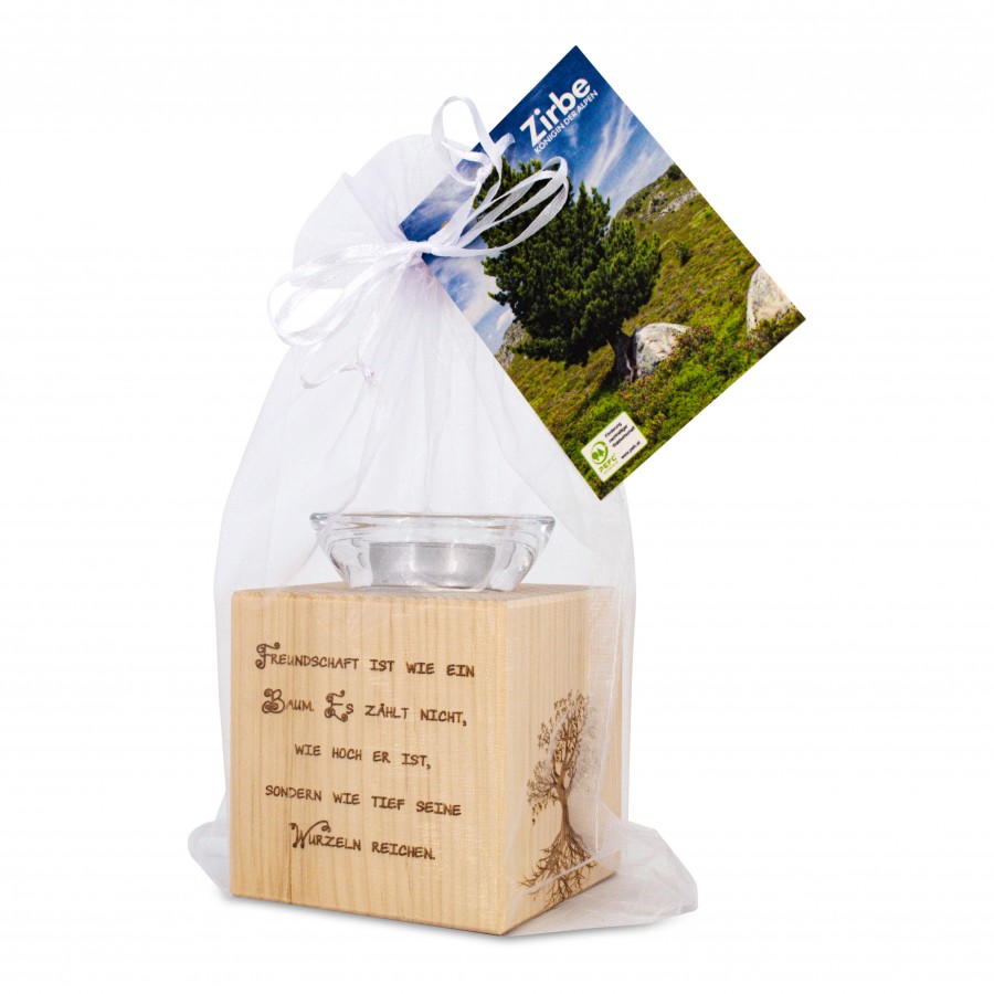 Teelichthalter aus Zirbenholz Freundschaft ist wie ein Baum ... Zirbendeko Holzdeko - Lasergravur - Holzgravur - Geschenk