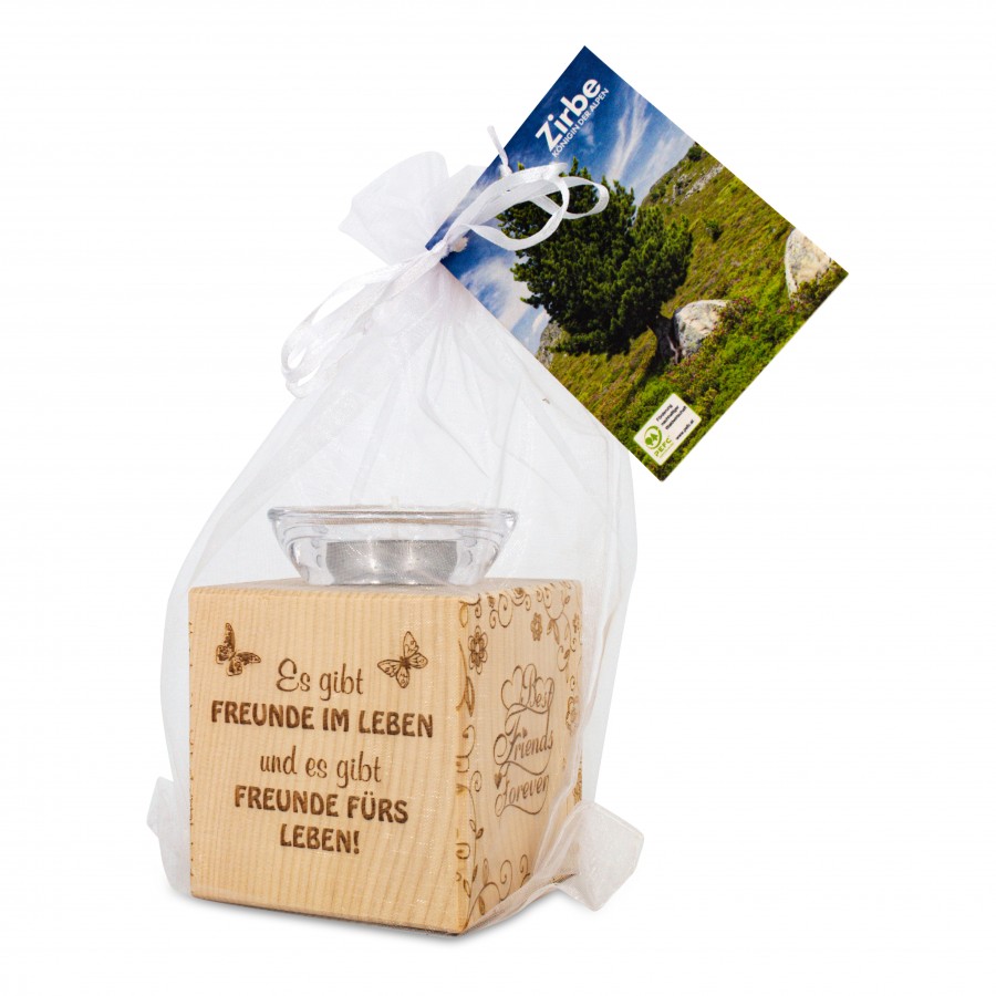 Teelichthalter aus Zirbenholz Es gibt Freunde im Leben ... Zirbendeko Holzdeko - Lasergravur - Holzgravur - Geschenk