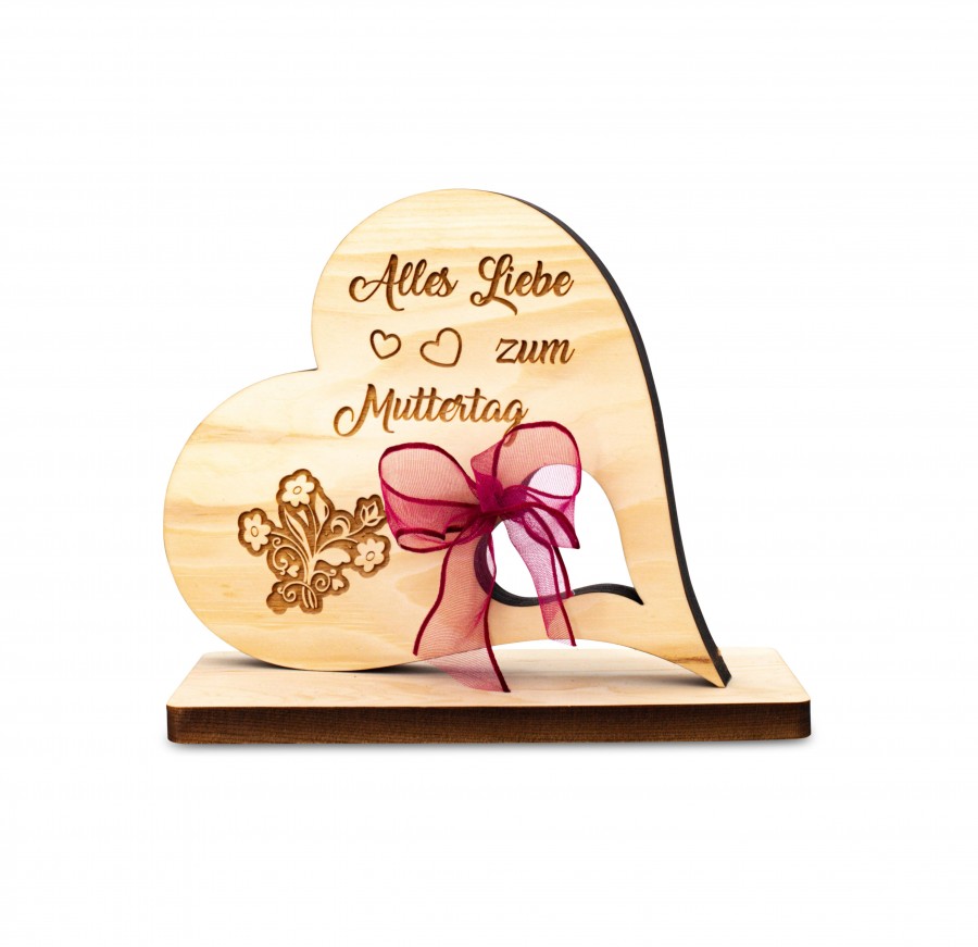 Zirbenherz mit Schleife Zum Muttertag Geschenkideen Holzdeko - Lasergravur - Holzgravur - Geschenk
