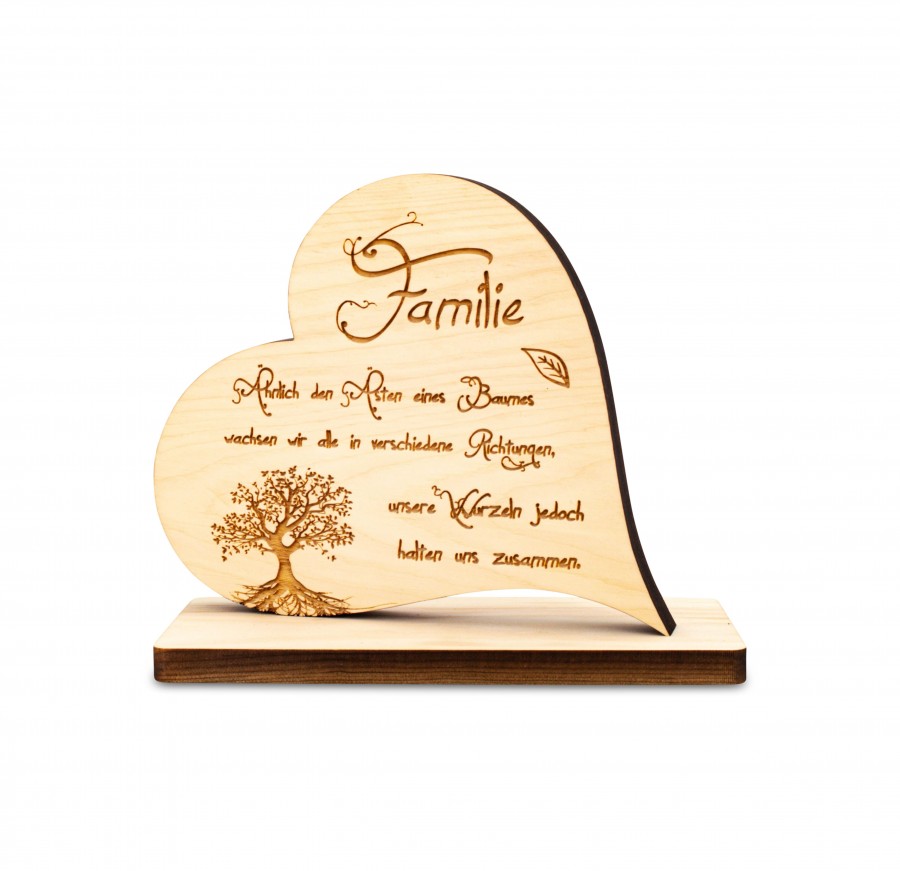 Zirbenherz auf Sockel Familie mit Lebensbaum Zirbenherzen Holzdeko - Lasergravur - Holzgravur - Geschenk