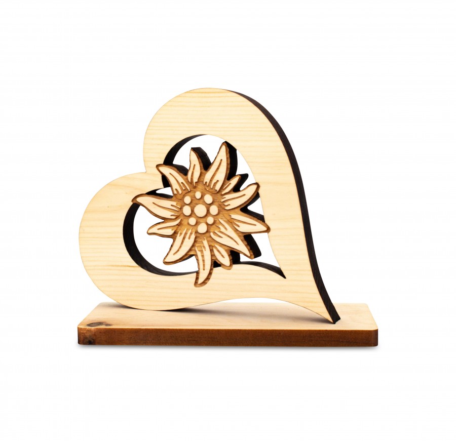 Zirbenherz auf Sockel mit Edelweiss Zirbenherzen Holzdeko - Lasergravur - Holzgravur - Geschenk