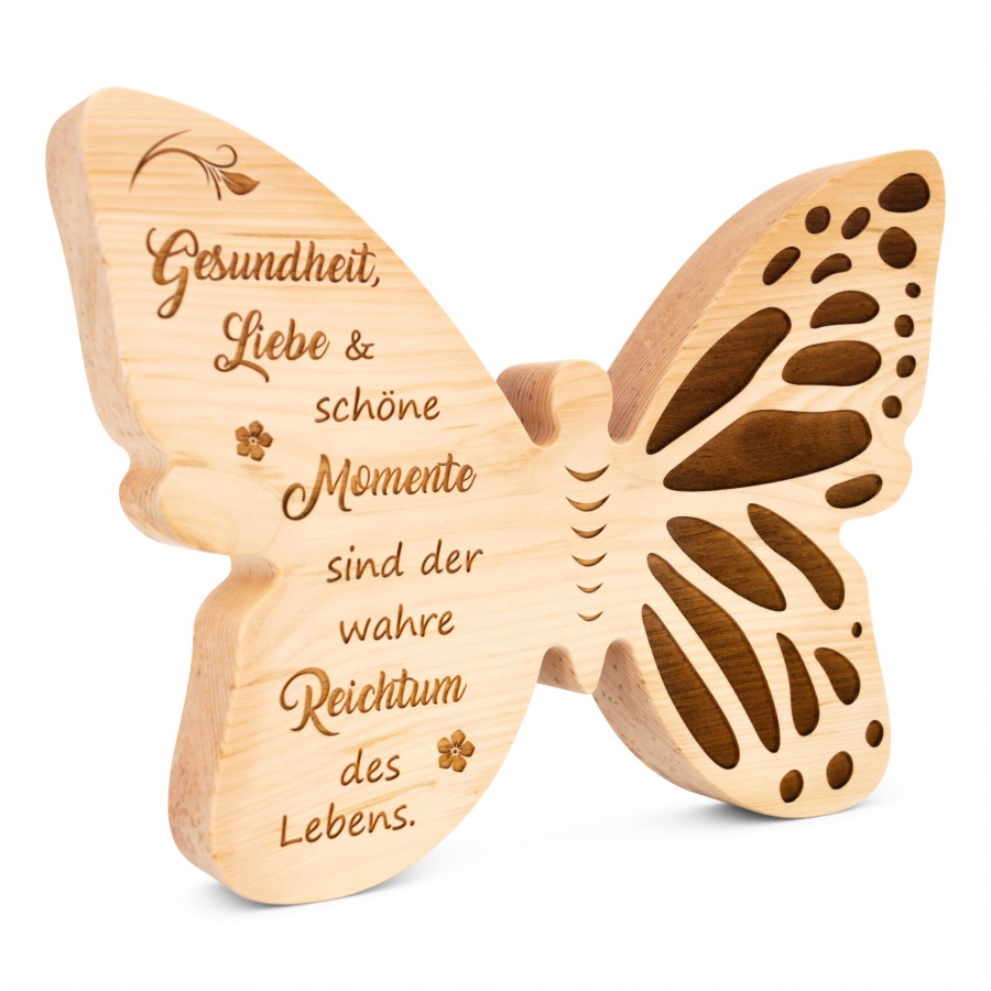 Schmetterling Gesundheit, Liebe & schöne Momente Zirbendeko Holzdeko - Lasergravur - Holzgravur - Geschenk