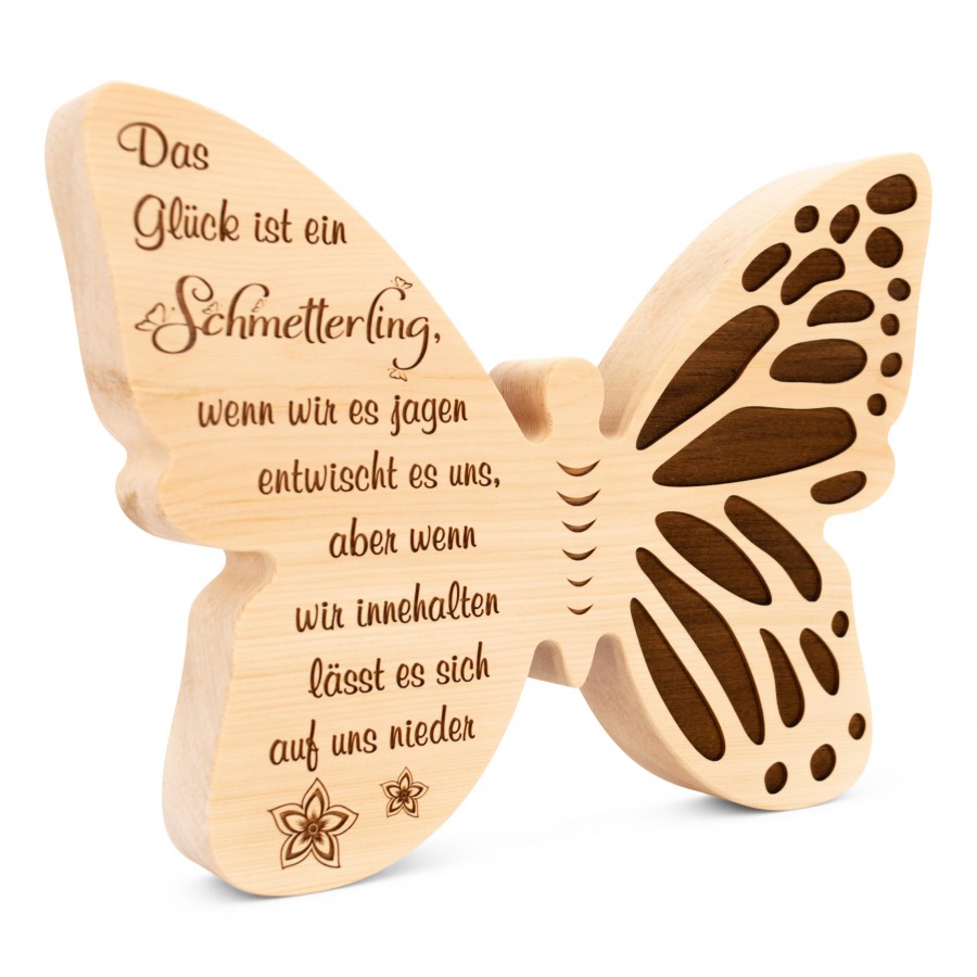Schmetterling Das Glück ist ein Schmetterling Zirbendeko Holzdeko - Lasergravur - Holzgravur - Geschenk